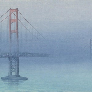 Japanese Art Print &quot;Golden Gate Bridge&quot; by Kakunen Tsuruoka, woodblock, giclée, print, asian art, cultural art, San Francisco, bay, fog, sea