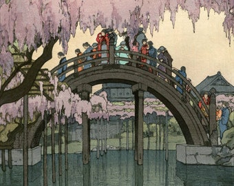 吉田博による日本のアートプリント「亀戸橋」、木版画、ジクレー、版画