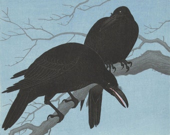 Impression d’art japonais « Crows in Moonlight » d’Ohara Koson, bloc de bois, giclée, estampe, beaux-arts, art asiatique, art culturel, pleine lune