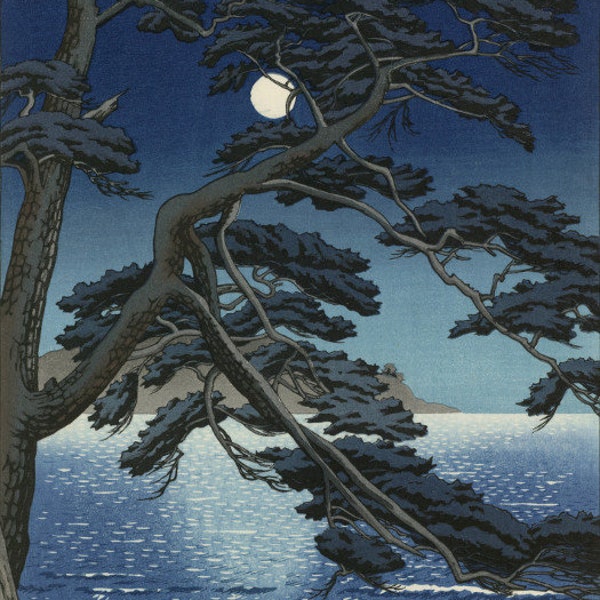 Japanse kunstdruk "Maan op Enoshima Beach" door Kawase Hasui, woodblock, giclée, print, Aziatische kunst, culturele kunst, oceaankust, maanverlicht