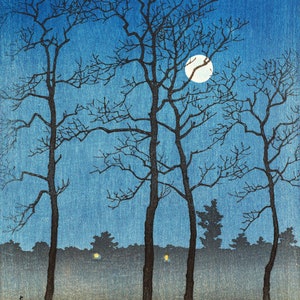 Japanese Art Print "Winter Moonlight (Toyamanohara)" by Kawase Hasui, woodblock, giclée, print, asian art, cultural art, moonlit