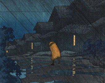 Japanese Art Print "Night Rain at Teradomari" by Kawase Hasui, woodblock, giclée, print, asian art, storm, night, rainy, pouring rain