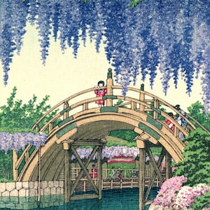 Japanese Art Print &quot;Wisteria at Kameido&quot; by Kawase Hasui, woodblock, giclée, print, Asian art, garden, landscape, wisteria flowers