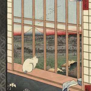 Impresión de arte japonés "Festival de campos de arroz y Torinomachi, 100 vistas famosas de Edo" por Hiroshige Utagawa, bloque de madera, giclée, impresión, gato