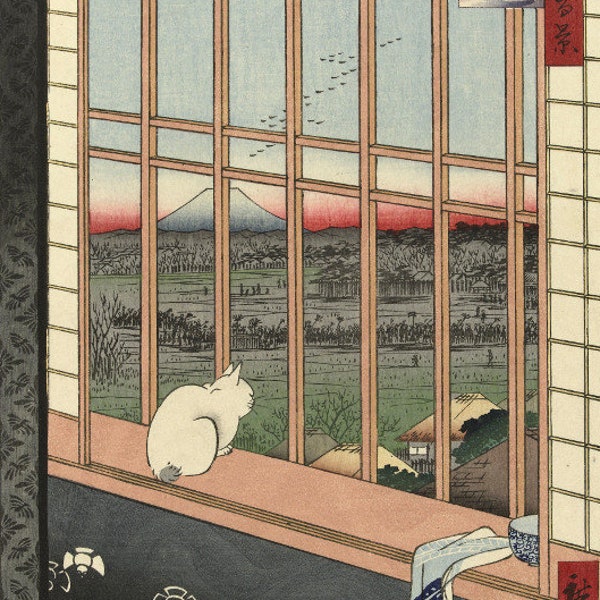Japanese Art Print "Ricefields and Torinomachi Festival, 100 Famous Views of Edo" by Hiroshige Utagawa, woodblock, giclée, print, cat