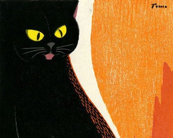 稲垣智雄による日本のアートプリント「黒猫」、木版画、ジクレー、版画