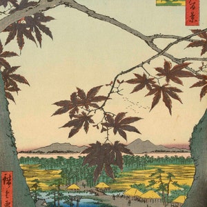 Japanese Art Print "Maples at Mama, Tekona Shrine and Linking Bridge" by Hiroshige Utagawa, woodblock, giclée, print, Japanese maple