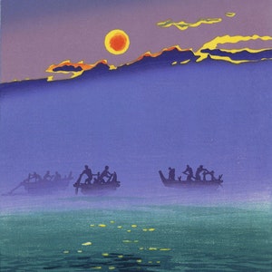 Japanese Art Print "Waves in the Morning" by Kasamatsu Shiro, woodblock, giclée, print, asian art, ocean, coast, boats, sunrise, clouds