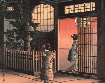 土屋光逸による日本の版画「夜の茶屋（おつやあらきよこちょう