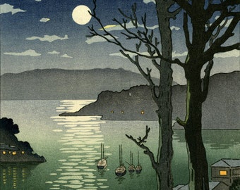Japanese Art Print &quot;Manazuru Harbor&quot; by Tsuchiya Koitsu, woodblock, giclée, print, cultural art, sailboats, moon, night, ocean