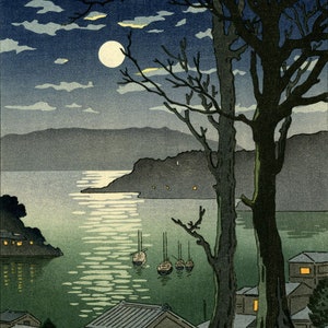 Japanese Art Print "Manazuru Harbor" by Tsuchiya Koitsu, woodblock, giclée, print, cultural art, sailboats, moon, night, ocean