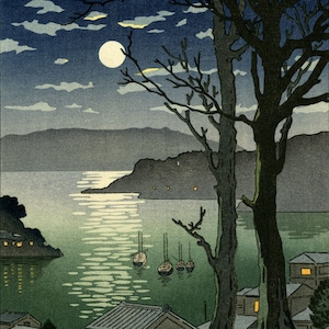 Japanese Art Print "Manazuru Harbor" by Tsuchiya Koitsu, woodblock, giclée, print, cultural art, sailboats, moon, night, ocean