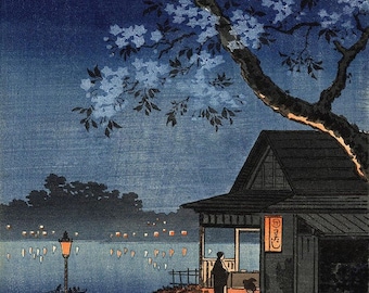 Japanese Art Print &quot;Takeya Ferry Crossing&quot; by Tsuchiya Koitsu, woodblock, giclée, print, cultural art, landscape, night scene, flowering