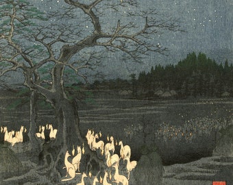May include: A Japanese woodblock print depicting a night scene with a large tree in the foreground and a group of white figures in the distance. The sky is filled with stars and the scene is illuminated by a soft, blue light. The print is titled "The Great Fire of the Great Tree of the Moon" in Japanese.