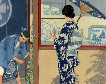 Japanese Art Print "Blue and White" by Elizabeth Keith, woodblock, giclée, print, asian art, cultural art, traditional, japanese woman