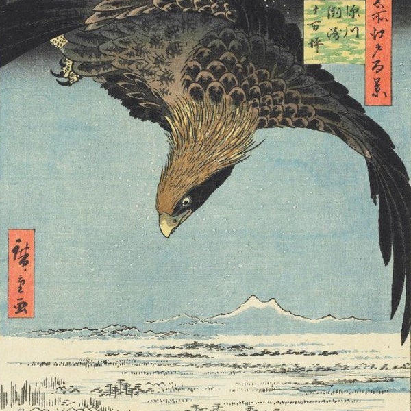 Japanese Art Print "Fukagawa Susaki and Jumantsubo, 100 Famous Views of Edo" by Hiroshige Utagawa, woodblock, giclée, print, hawk, snow