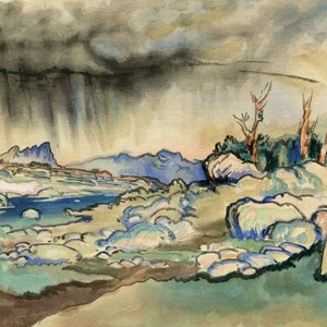 Japanese Art Print &quot;Passing Rain, High Sierra&quot; by Obata Chiura, woodblock, giclée, print, America, California, mountain, valley, storm