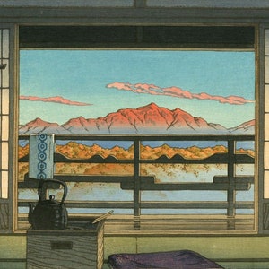 Japanese Art Print "Morning at the Arayu Spa, Shiobara" by Kawase Hasui, woodblock, giclée, print, cultural art, Asian art, mountains