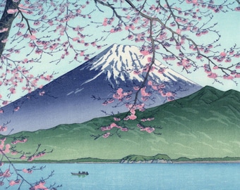 版画 海岸線と山の風景