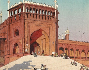 Japanese Art Print "Jami Masjid, Delhi" from the India and Southeast Asia Series by Yoshida Hiroshi, woodblock reproduction, street market