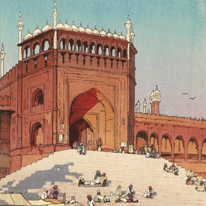 Japanese Art Print "Jami Masjid, Delhi" from the India and Southeast Asia Series by Yoshida Hiroshi, woodblock reproduction, street market