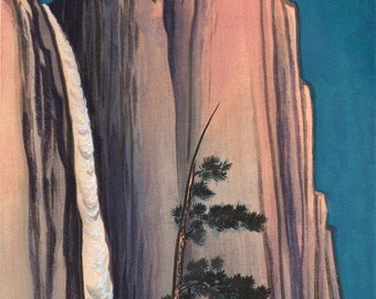 Japanese Art Print "Evening Glow of Yosemite Waterfall" by Obata Chiura, woodblock, giclée, print, America, California, Yosemite Valley