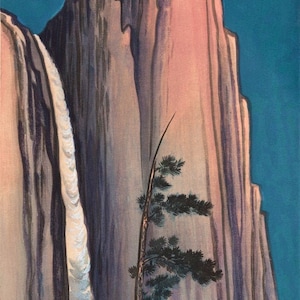 Japanese Art Print "Evening Glow of Yosemite Waterfall" by Obata Chiura, woodblock, giclée, print, America, California, Yosemite Valley