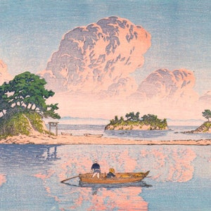 Japanese Art Print &quot;Kujukushima Island, Shimabara&quot; by Kawase Hasui, woodblock, giclée, print, asian art, boat, cloudy day, seashore