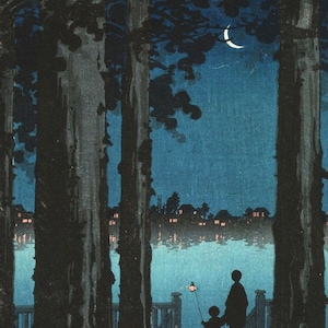 Japanese Art Print "Ueno Park, Hasegawa" by Koho Shoda, woodblock, giclée, print, asian art, cultural art, night, lantern, crescent moon