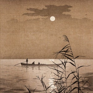 May include: A black and white woodblock print of a moonlit scene with a boat and three figures rowing on a lake. Tall grasses are in the foreground, and a full moon is visible in the sky.