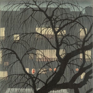 Japanese Art Print "Evening at Dotonbori, Osaka" by Konen Uehara, woodblock, giclée, print, asian art, cultural art, Japan, willow trees