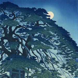 Japanese Art Print &quot;Pine Trees at Yudanaka Hot Spring&quot; by Kasamatsu Shiro, woodblock, giclée, print, Asian art, full moon, rural, night