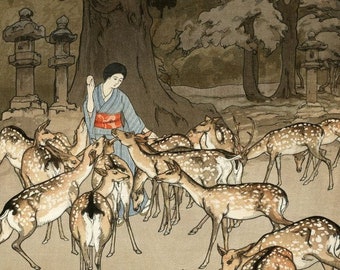 吉田博による日本のアートプリント「春日の鹿」、木版画、ジクレー