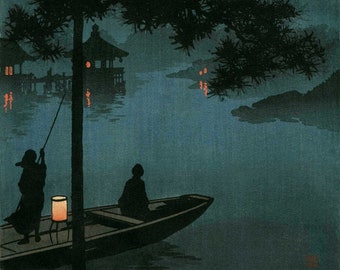 Japanese Art Print &quot;Lake Biwa&quot; by Koho Shoda, woodblock, giclée, print, asian art, cultural art, ferry, boat, lantern, night, reflection