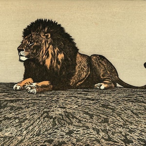 Japanese Art Print &quot;Lion&quot; by Yoshida Toshi, woodblock, giclée, print, asian art, cultural art, woodcut reproduction