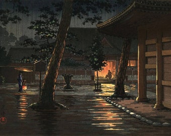 Japanese Art Print "Sengakuji Temple at Takanawa in Tokyo" by Tsuchiya Koitsu, woodblock, giclée, print, cultural art, rainy, night