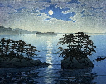 Japanese Art Print &quot;Moonrise at Futago, Matsushima&quot; by Kawase Hasui, woodblock, giclée, print, asian art, night, full moon, sea