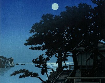 川瀬巴水作「柿崎弁天神社、下田」、木版画、ジクレー、版画、アジア