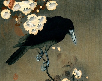 小原古邨による日本のアートプリント「カラスと満月」、木版画