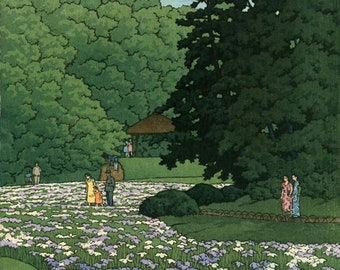 川瀬巴水作「明治神宮の菖蒲田」、木版画、ジクレー、版画、アジア美術