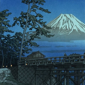 Japanese Art Print &quot;Mt. Fuji in the Moonlight, Kawaibashi&quot; by Kawase Hasui, woodblock, giclée, print, landscape, countryside, Japan