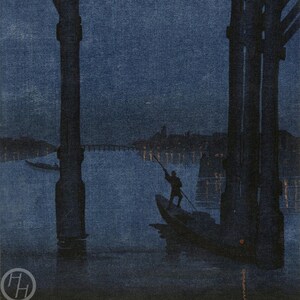 Japanese Art Print &quot;High Bridge by Night&quot; by Kobayashi Eijiro, woodblock, giclée, print, asian art, night, ferry, boat, oarsman, Japan