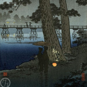 Japanese Art Print "Evening Stroll" by Kobayashi Kiyochika, woodblock, giclée, print, asian art, night, lantern, reflection