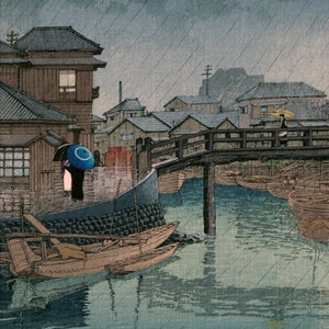 Japanese Art Print "Rainy Season at Ryoshimachi, Shinagawa" by Kawase Hasui, woodblock, giclée, print, asian art, rain, town, bridge