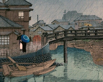 Japanese Art Print "Rainy Season at Ryoshimachi, Shinagawa" by Kawase Hasui, woodblock, giclée, print, asian art, rain, town, bridge