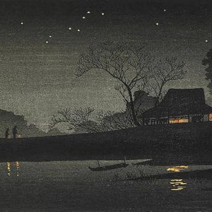 Japanese Art Print "Starry Night" by Takahashi Shotei, woodblock, giclée, print, asian art, cultural art, lantern, reflection, stars