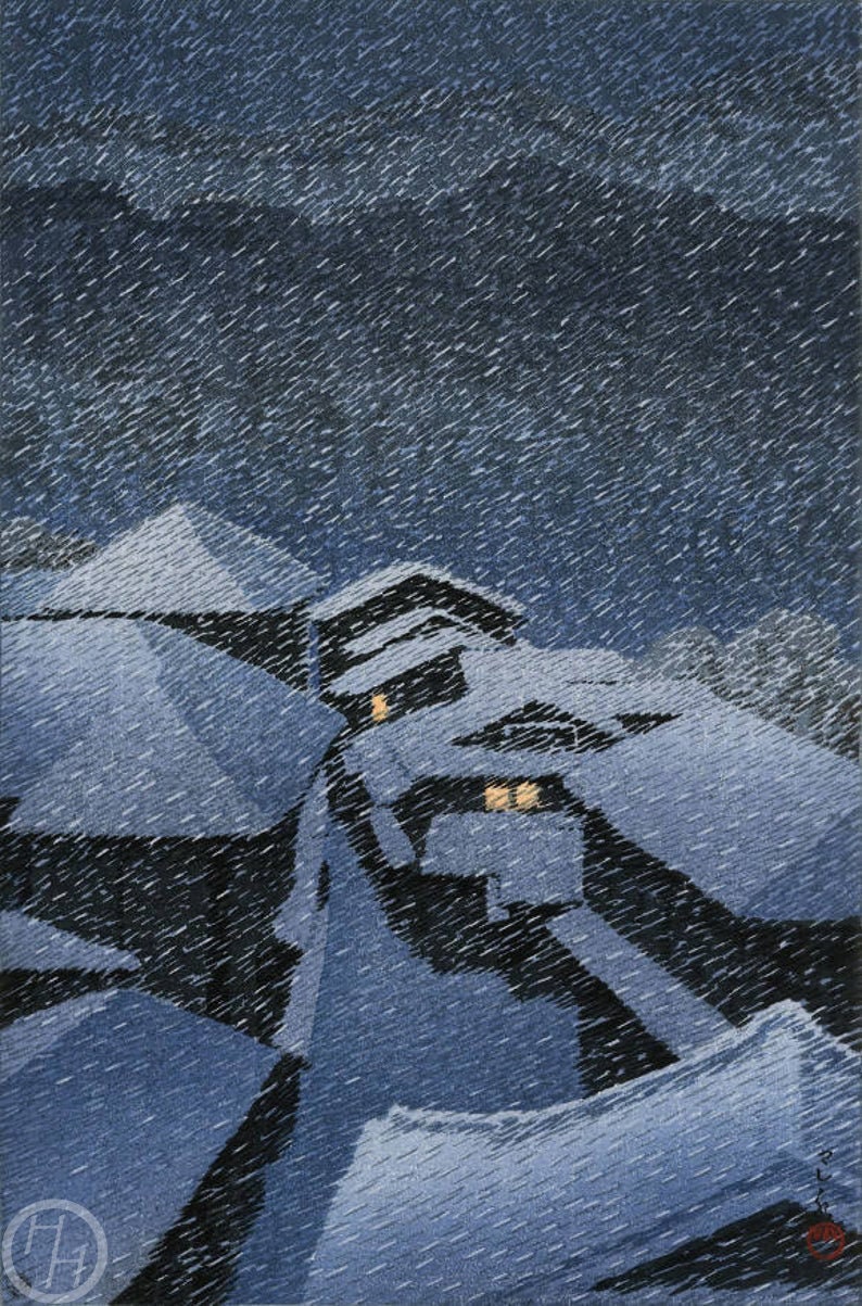 Japanese Art Print "Snow Storm at Hatori" by Kawase Hasui, woodblock, giclée, print, asian art, falling snow, night, snowy, winter