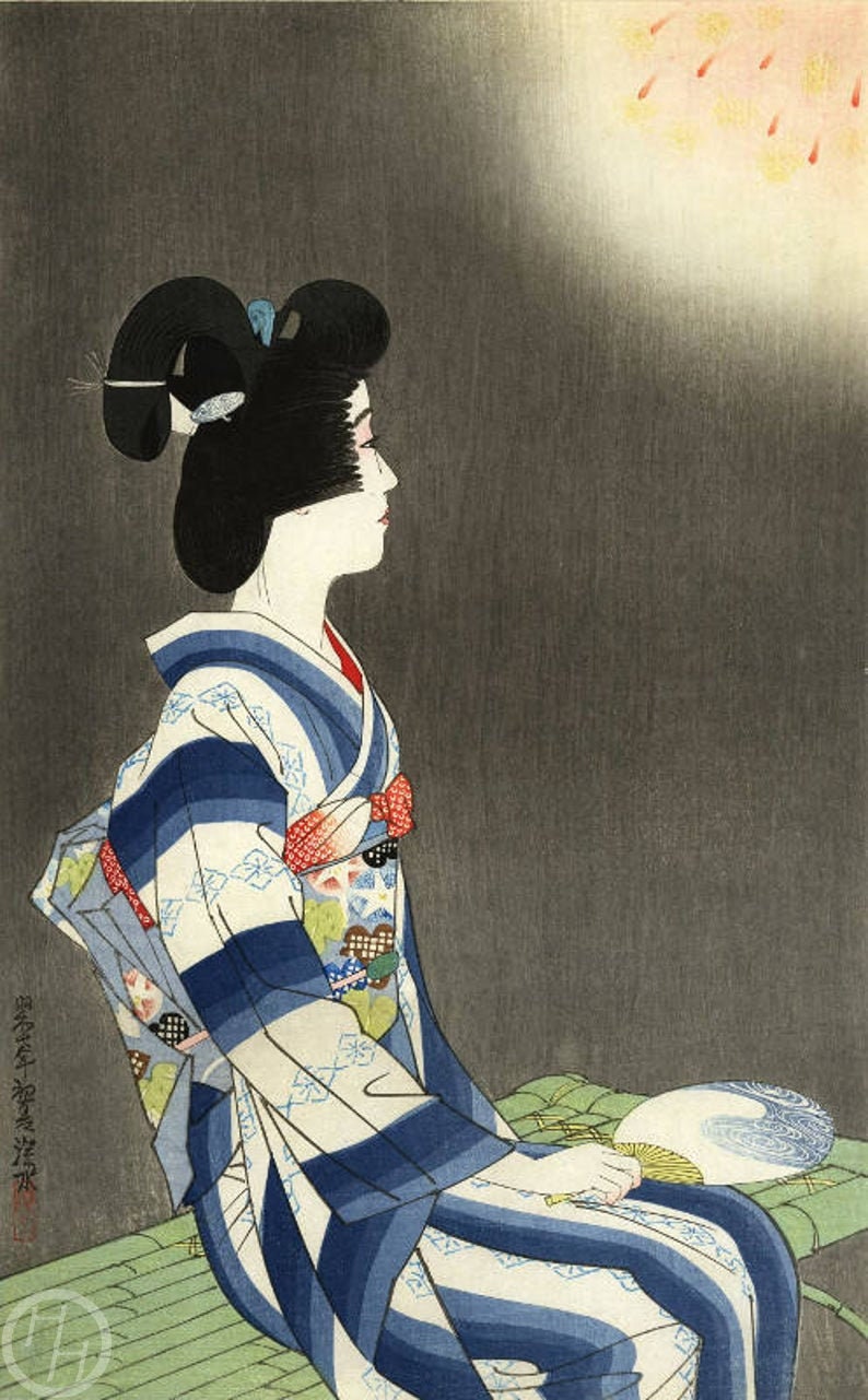 伊藤深水作「花火」日本美術版画、木版画、ジクレー、版画、美術