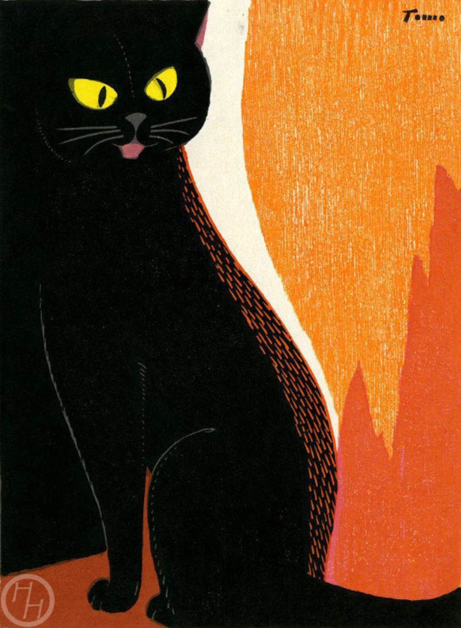 Japanese Art Print black Cat by Tomoo Inagaki Etsy UK