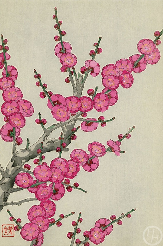 河原崎正道による日本のアートプリント「梅の花」、木版画、ジクレー